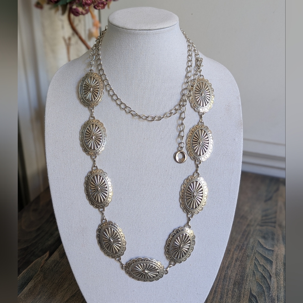 Western Concho Belt Silvertone Adjustable Metal Chain Southwestern One Size  ❤️